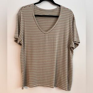 American Eagle Soft & Sexy Green and Brown Striped V-Neck Tee